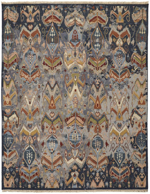 HomeRoots 4' Hand-Knotted Wool Ikat Area Rug in Blue-Gray and Brown – Timeless Charm for Any Room 6' X 9' 567336