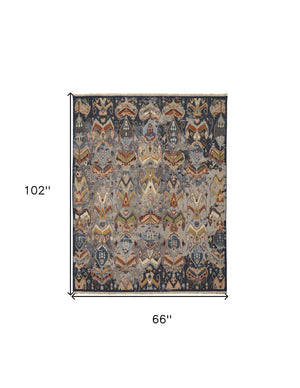 HomeRoots 4' Hand-Knotted Wool Ikat Area Rug in Blue-Gray and Brown – Timeless Charm for Any Room 6' X 9' 567336