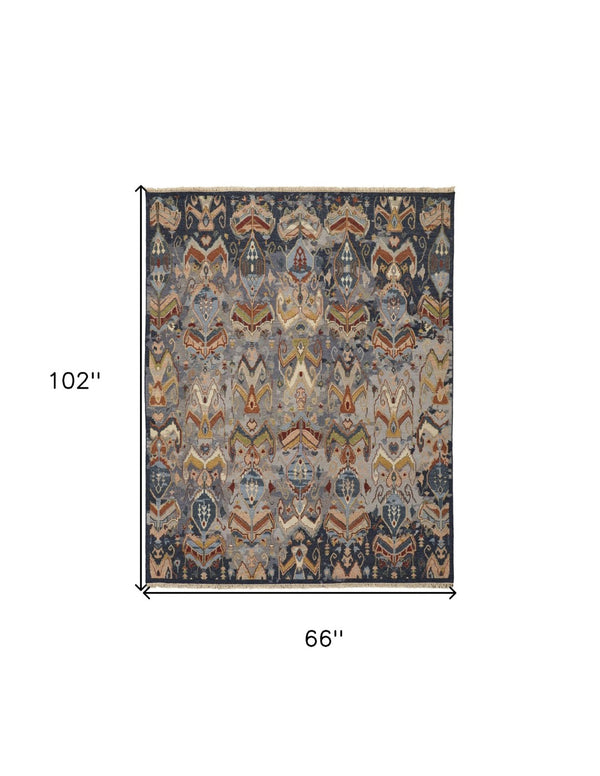 HomeRoots 4' Hand-Knotted Wool Ikat Area Rug in Blue-Gray and Brown – Timeless Charm for Any Room 6' X 9' 567336
