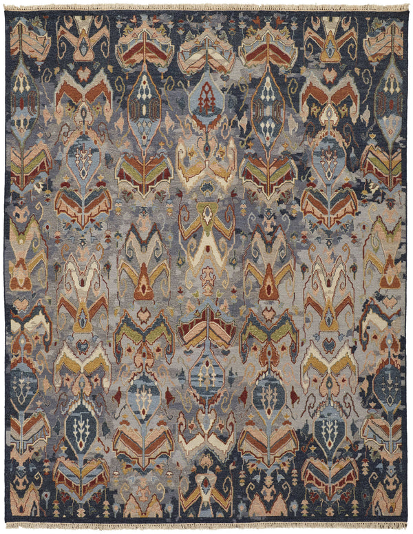 Homeroots 8' X 10' Blue Gray And Brown Wool Ikat Hand Knotted Area Rug With Fringe Blue Wool 567337