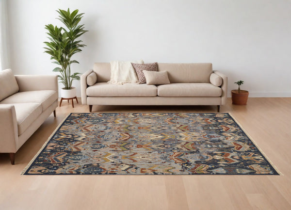 Homeroots 8' X 12' Blue Gray And Brown Wool Ikat Hand Knotted Area Rug With Fringe Blue Wool 567338