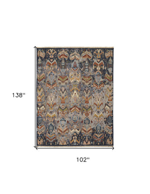 Homeroots 8' X 12' Blue Gray And Brown Wool Ikat Hand Knotted Area Rug With Fringe Blue Wool 567338