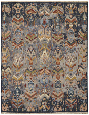 Homeroots 9' X 13' Blue Gray And Brown Wool Ikat Hand Knotted Area Rug With Fringe Blue Wool 567339