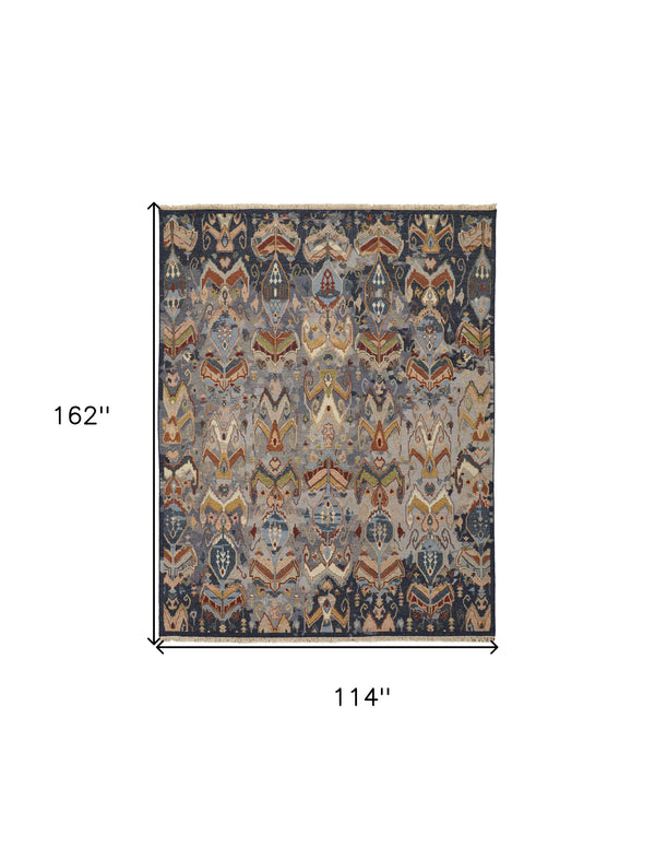 Homeroots 9' X 13' Blue Gray And Brown Wool Ikat Hand Knotted Area Rug With Fringe Blue Wool 567339