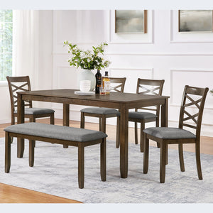 English Elm Elegant 6-Piece Wooden Dining Set With 4 Upholstered Chairs & Bench - Modern Walnut Finish, Comfort & Style W1998S00071