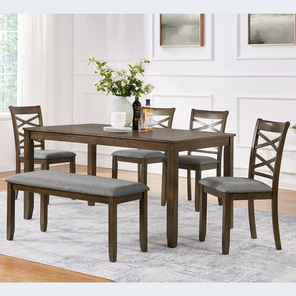 English Elm Elegant 6-Piece Wooden Dining Set With 4 Upholstered Chairs & Bench - Modern Walnut Finish, Comfort & Style W1998S00071