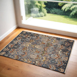 Homeroots 2' X 3' Blue Gray And Brown Wool Ikat Hand Knotted Area Rug With Fringe Blue Wool 567340