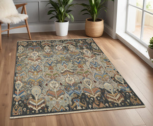 Homeroots 4' X 6' Blue Gray And Brown Wool Ikat Hand Knotted Area Rug With Fringe Taupe Wool 567341