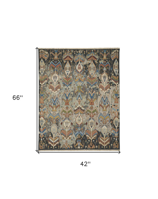 Homeroots 4' X 6' Blue Gray And Brown Wool Ikat Hand Knotted Area Rug With Fringe Taupe Wool 567341