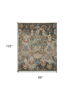 Homeroots 6' X 9' Blue Gray And Brown Wool Ikat Hand Knotted Area Rug With Fringe Taupe Wool 567342