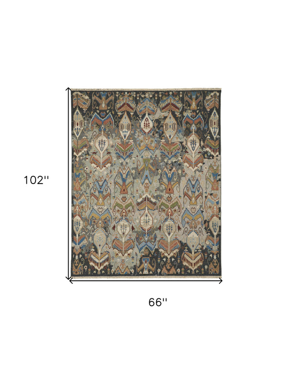Homeroots 6' X 9' Blue Gray And Brown Wool Ikat Hand Knotted Area Rug With Fringe Taupe Wool 567342