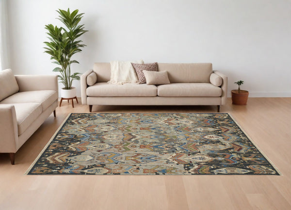 Homeroots 8' X 10' Blue Gray And Brown Wool Ikat Hand Knotted Area Rug With Fringe Taupe Wool 567343