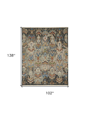Homeroots 8' X 12' Blue Gray And Brown Wool Ikat Hand Knotted Area Rug With Fringe Taupe Wool 567344