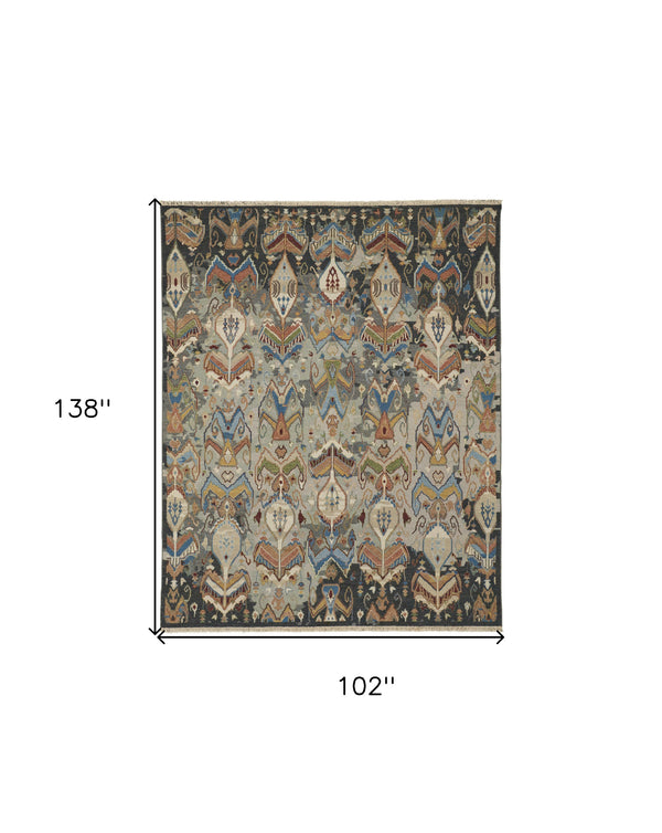 Homeroots 8' X 12' Blue Gray And Brown Wool Ikat Hand Knotted Area Rug With Fringe Taupe Wool 567344