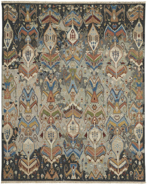 HomeRoots 4' Hand-Knotted Wool Ikat Area Rug in Blue-Gray and Brown – Timeless Charm for Any Room 12' X 15' 567345