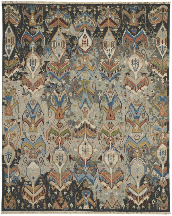 HomeRoots 4' Hand-Knotted Wool Ikat Area Rug in Blue-Gray and Brown – Timeless Charm for Any Room 12' X 15' 567345