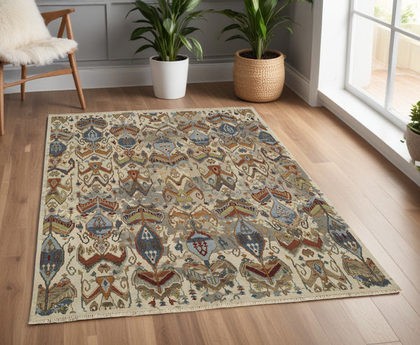 Homeroots 4' X 6' Ivory Blue And Brown Wool Ikat Hand Knotted Area Rug With Fringe Gray Wool 567347