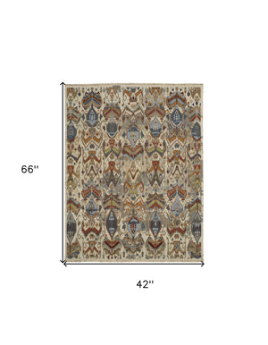 Homeroots 4' X 6' Ivory Blue And Brown Wool Ikat Hand Knotted Area Rug With Fringe Gray Wool 567347