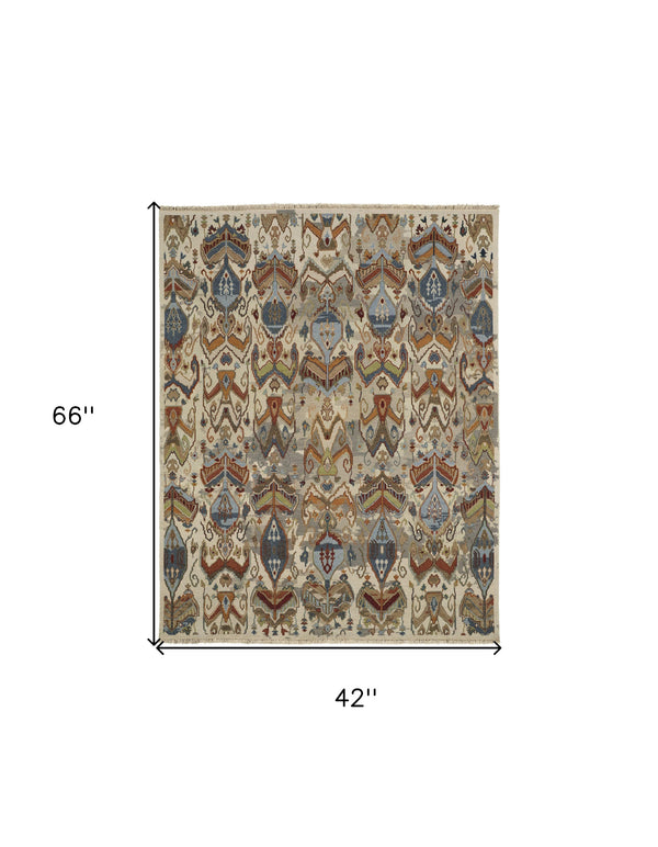 Homeroots 4' X 6' Ivory Blue And Brown Wool Ikat Hand Knotted Area Rug With Fringe Gray Wool 567347