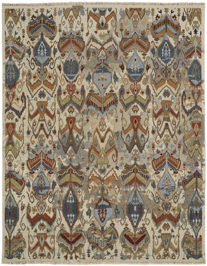 Homeroots 6' X 9' Ivory Blue And Brown Wool Ikat Hand Knotted Area Rug With Fringe Gray Wool 567348