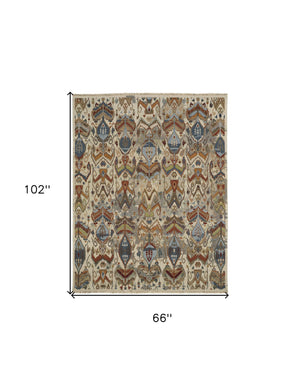 Homeroots 6' X 9' Ivory Blue And Brown Wool Ikat Hand Knotted Area Rug With Fringe Gray Wool 567348