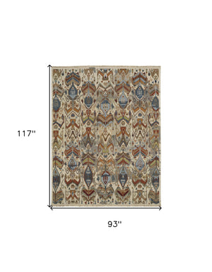 Homeroots 8' X 10' Ivory Blue And Brown Wool Ikat Hand Knotted Area Rug With Fringe Gray Wool 567349
