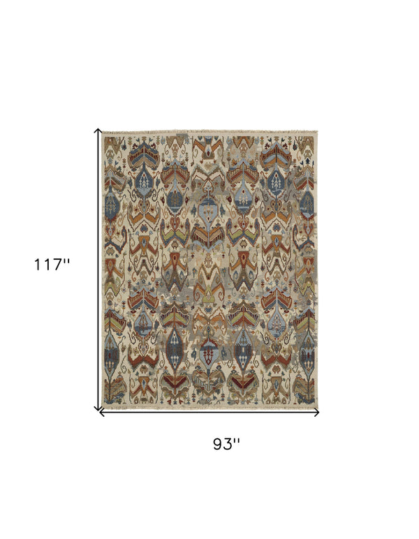 Homeroots 8' X 10' Ivory Blue And Brown Wool Ikat Hand Knotted Area Rug With Fringe Gray Wool 567349