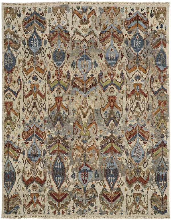 Homeroots 9' X 13' Ivory Blue And Brown Wool Ikat Hand Knotted Area Rug With Fringe Gray Wool 567351