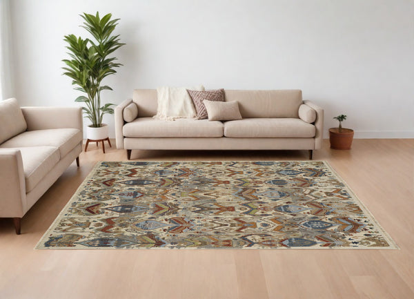 Homeroots 12' X 15' Ivory Blue And Brown Wool Ikat Hand Knotted Area Rug With Fringe Gray Wool 567352