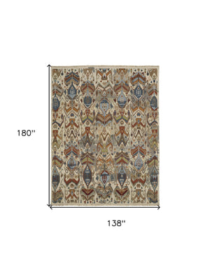 Homeroots 12' X 15' Ivory Blue And Brown Wool Ikat Hand Knotted Area Rug With Fringe Gray Wool 567352