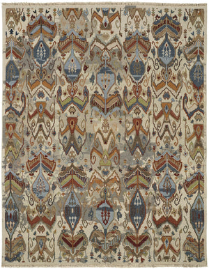 Homeroots 12' X 15' Ivory Blue And Brown Wool Ikat Hand Knotted Area Rug With Fringe Gray Wool 567352