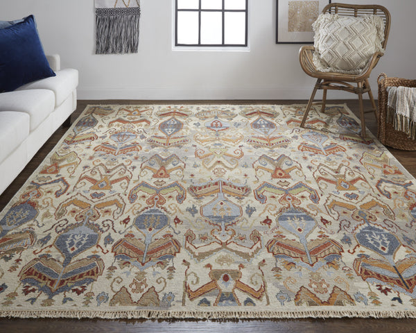 Homeroots 2' X 3' Ivory Blue And Brown Wool Ikat Hand Knotted Area Rug With Fringe Gray Wool 567353