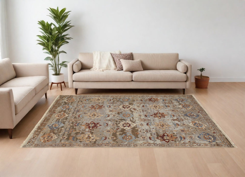 HomeRoots 4' Timeless Tan and Gray Floral Wool Area Rug - Hand-Knotted Comfort for High-Traffic Spaces 8' X 12' 567357
