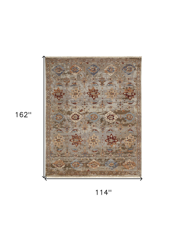 Homeroots 9' X 13' Tan Brown And Gray Wool Floral Hand Knotted Area Rug With Fringe Brown Wool 567358