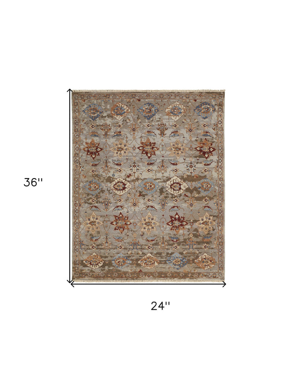 Homeroots 2' X 3' Tan Brown And Gray Wool Floral Hand Knotted Area Rug With Fringe Brown Wool 567360