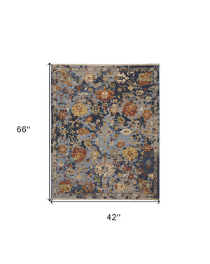 HomeRoots 4' Hand-Knotted Wool Floral Area Rug in Blue Gray and Red with Fringe - Timeless Elegance for Any Room 4' X 6' 567361