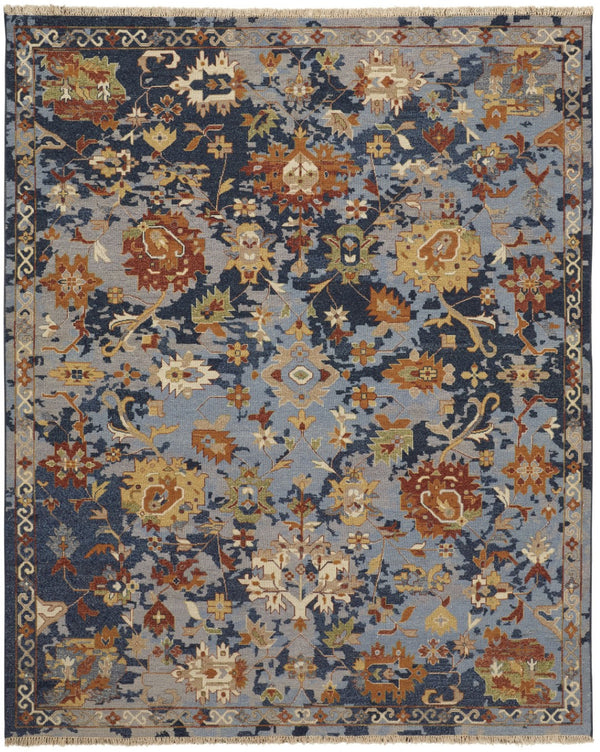 HomeRoots 4' Hand-Knotted Wool Floral Area Rug in Blue Gray and Red with Fringe - Timeless Elegance for Any Room 6' X 9' 567362