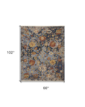 HomeRoots 4' Hand-Knotted Wool Floral Area Rug in Blue Gray and Red with Fringe - Timeless Elegance for Any Room 6' X 9' 567362