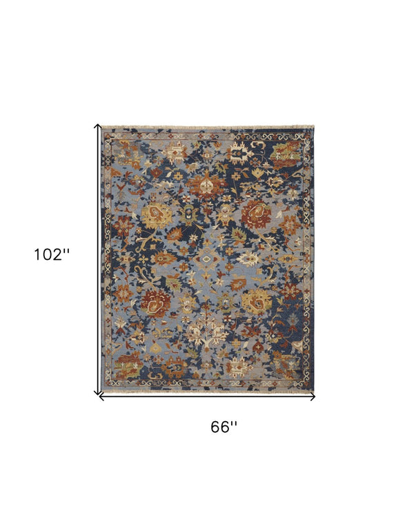 HomeRoots 4' Hand-Knotted Wool Floral Area Rug in Blue Gray and Red with Fringe - Timeless Elegance for Any Room 6' X 9' 567362