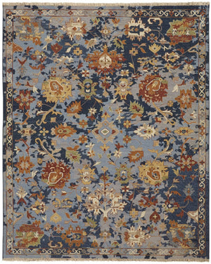 HomeRoots 4' Hand-Knotted Wool Floral Area Rug in Blue Gray and Red with Fringe - Timeless Elegance for Any Room 6' X 9' 567362