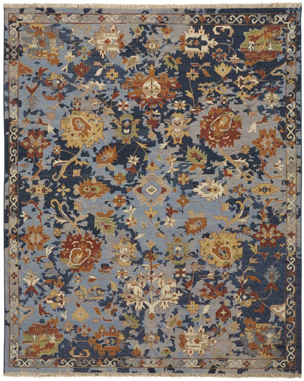 HomeRoots 4' Hand-Knotted Wool Floral Area Rug in Blue Gray and Red with Fringe - Timeless Elegance for Any Room 6' X 9' 567362