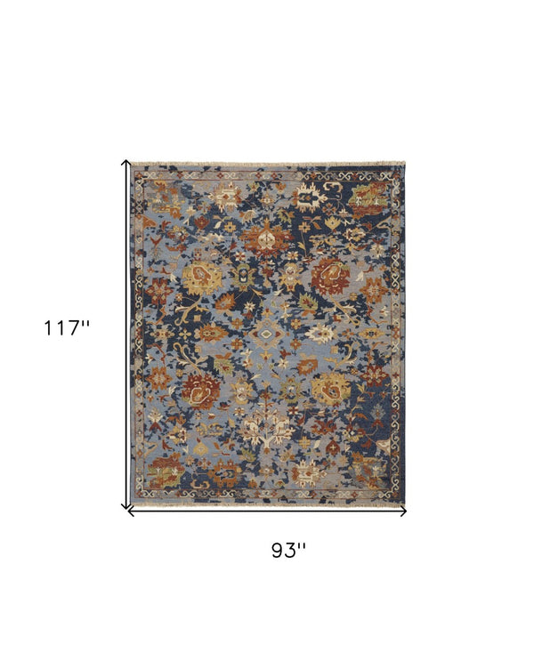 HomeRoots 4' Hand-Knotted Wool Floral Area Rug in Blue Gray and Red with Fringe - Timeless Elegance for Any Room 8' X 10' 567363