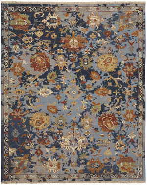 HomeRoots 4' Hand-Knotted Wool Floral Area Rug in Blue Gray and Red with Fringe - Timeless Elegance for Any Room 8' X 12' 567364