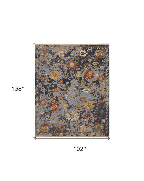 HomeRoots 4' Hand-Knotted Wool Floral Area Rug in Blue Gray and Red with Fringe - Timeless Elegance for Any Room 8' X 12' 567364