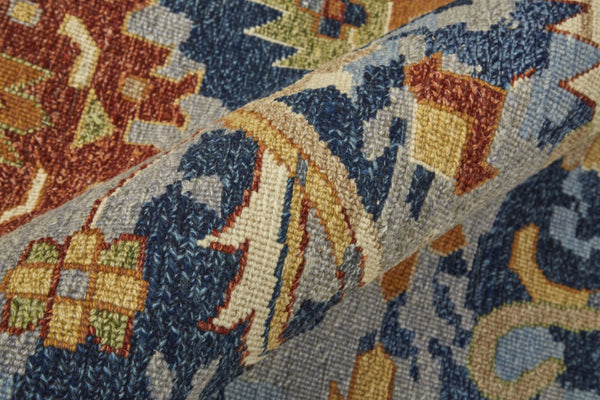 HomeRoots 4' Hand-Knotted Wool Floral Area Rug in Blue Gray and Red with Fringe - Timeless Elegance for Any Room 12' X 15' 567365