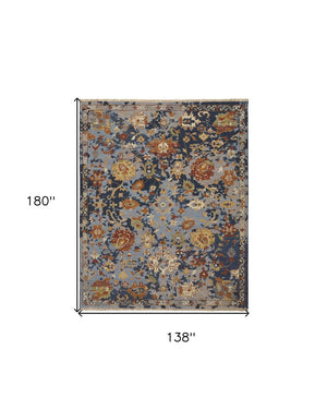 HomeRoots 4' Hand-Knotted Wool Floral Area Rug in Blue Gray and Red with Fringe - Timeless Elegance for Any Room 12' X 15' 567365