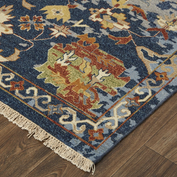 HomeRoots 4' Hand-Knotted Wool Floral Area Rug in Blue Gray and Red with Fringe - Timeless Elegance for Any Room 2' X 3' 567366