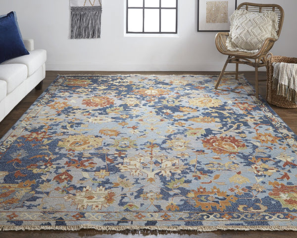 HomeRoots 4' Hand-Knotted Wool Floral Area Rug in Blue Gray and Red with Fringe - Timeless Elegance for Any Room 2' X 3' 567366