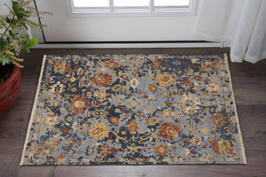 HomeRoots 4' Hand-Knotted Wool Floral Area Rug in Blue Gray and Red with Fringe - Timeless Elegance for Any Room 2' X 3' 567366