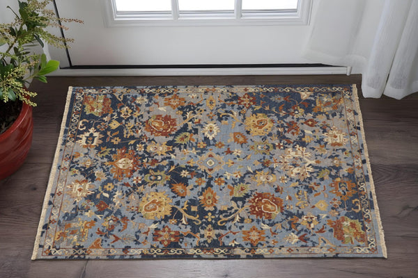 HomeRoots 4' Hand-Knotted Wool Floral Area Rug in Blue Gray and Red with Fringe - Timeless Elegance for Any Room 2' X 3' 567366